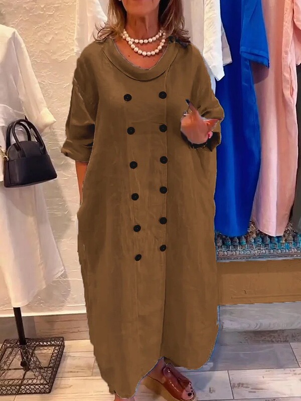 2025新款欧美跨境女装宽松纯色度假休闲纽扣文艺风时尚棉麻连衣裙|undefined