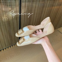 Send it right away! Grape Mama's Same Style Commute RV Square Buckle Lacquered Leather Square Toe Open Mouth Hollow Flat Women's Shoes Autumn