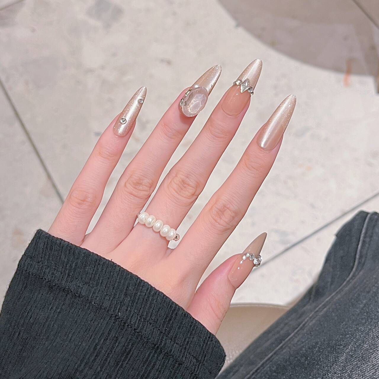 10 piezas de uñas hechas a mano piezas de uñas terminadas al por mayor desmontables ojos de gato plateados transparentes franceses perforación larga almendra