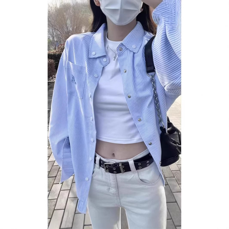 2026 Spring New Style Blue Striped Long-Sleeved Shirt for Women Autumn Embroidered Loose Sun Protection Shirt Couple Jacket Top