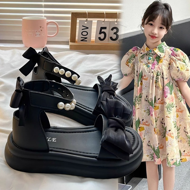 Sandalias para niñas Zapatos de princesa con lazo de perlas 2025 verano nuevos zapatos de playa para niños sandalias de fondo suave para niñas marea image 3