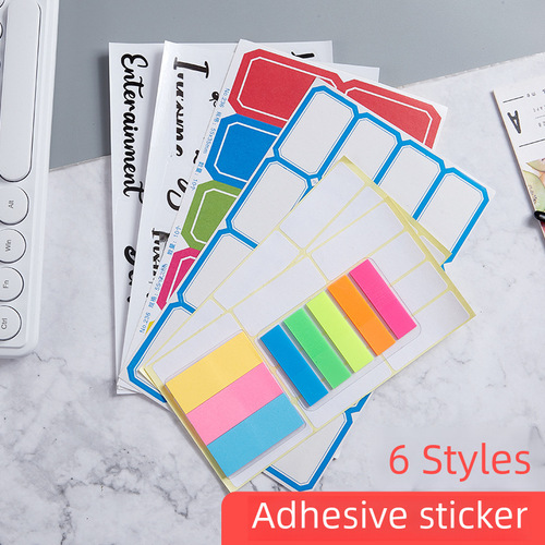 Handwritten label instructions, colorful white blue self-adhesive sticker labels, letter stickers, sticky notes, index labels