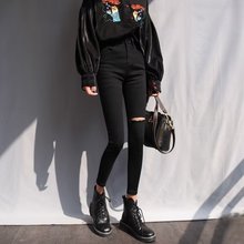 2024新款春夏薄款膝盖破漏洞九分牛仔裤女紧身高腰显瘦小腿乞丐裤