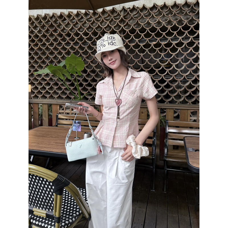 粉色格纹口袋polo领短袖衬衫女夏季学院风甜辣妹修身显瘦正肩上衣|undefined