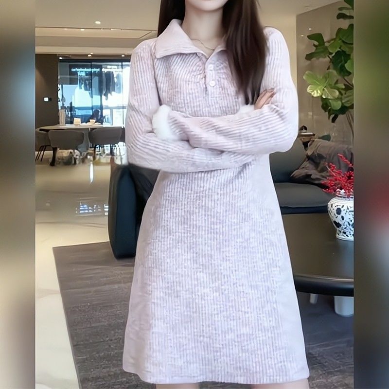Polo领长袖针织连衣裙女春季新款内搭打底毛衣裙收腰显瘦气质短裙