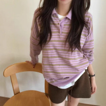 现货】2025年秋新品韩国东大门条纹撞色翻领半系扣针织衫KS16947