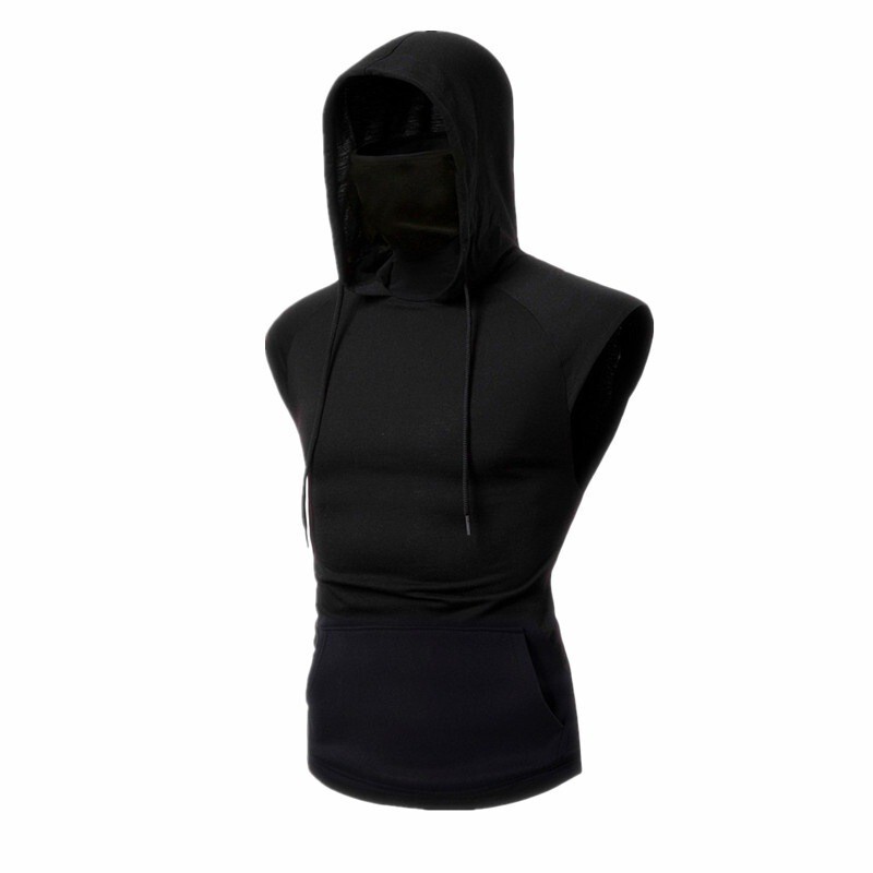 wish Amazon AliExpress popular men's daily workout clothes hooded with mask solid color sleeveless sports T-shirt