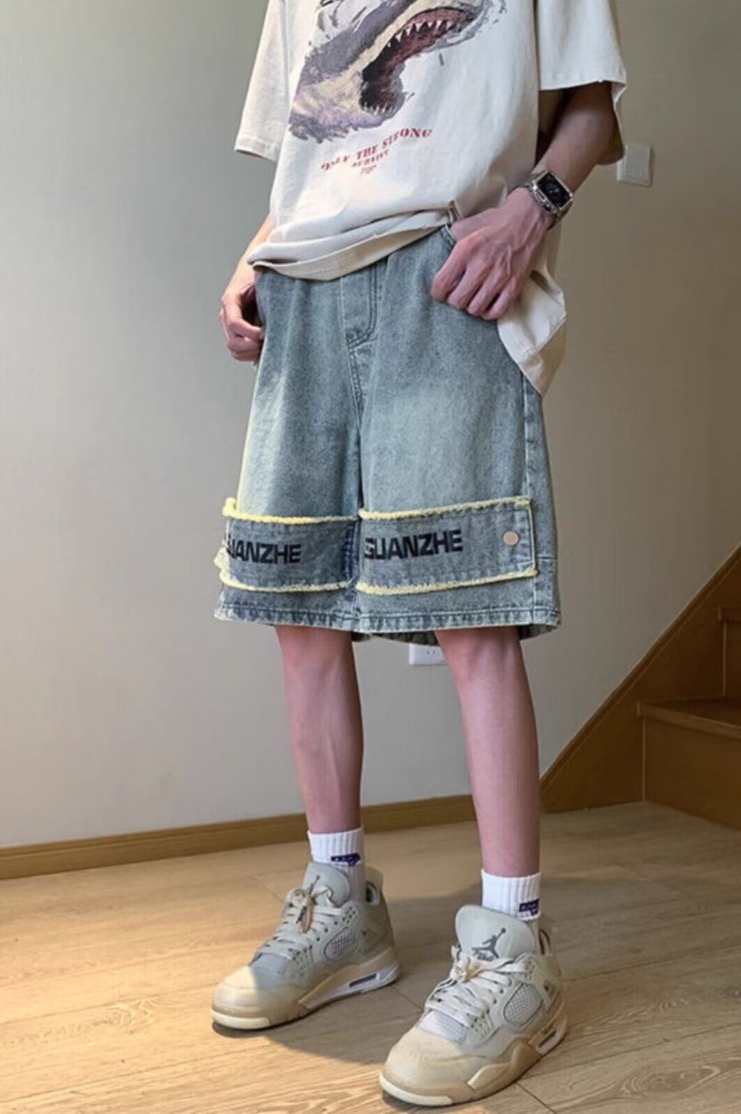 Men's Style Washed Distressed Denim Shorts Niche Design High Street Muddy Wide Leg Straight Leg Five Point Pants_mkmklike.com