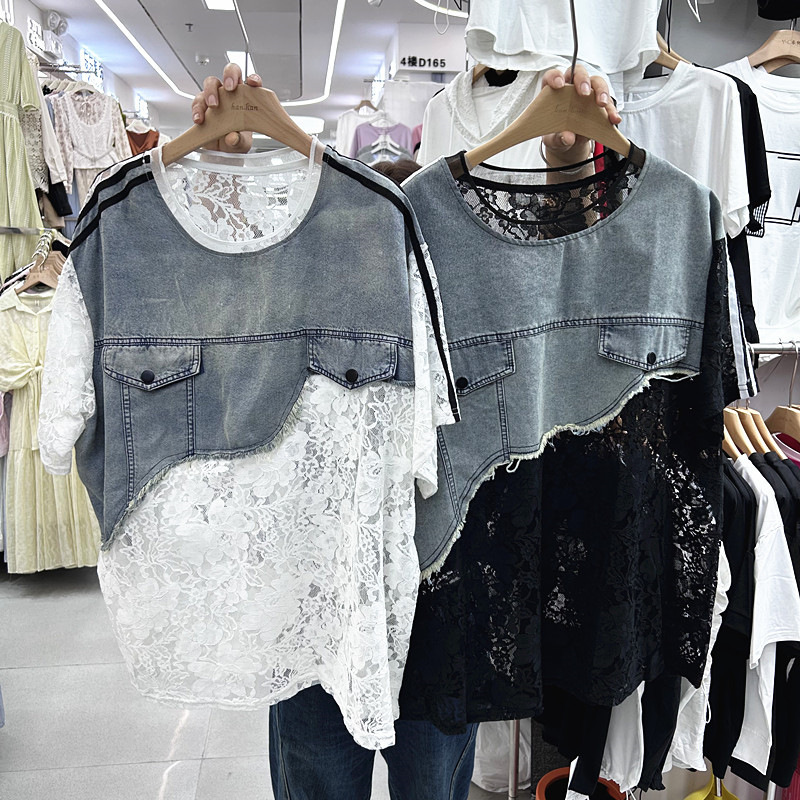 Korean Dongdaemun New Style Spliced Lace Denim Fake Two-Piece Loose Round Neck Short-Sleeve T-Shirt for Women, Summer Fashion Top