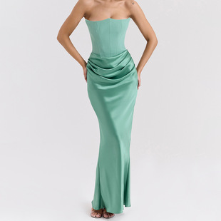 2025 European and American New Multicolor Waist Strapless Shoulder Fishbone Pleated Long Hip One-piece dress Satin
