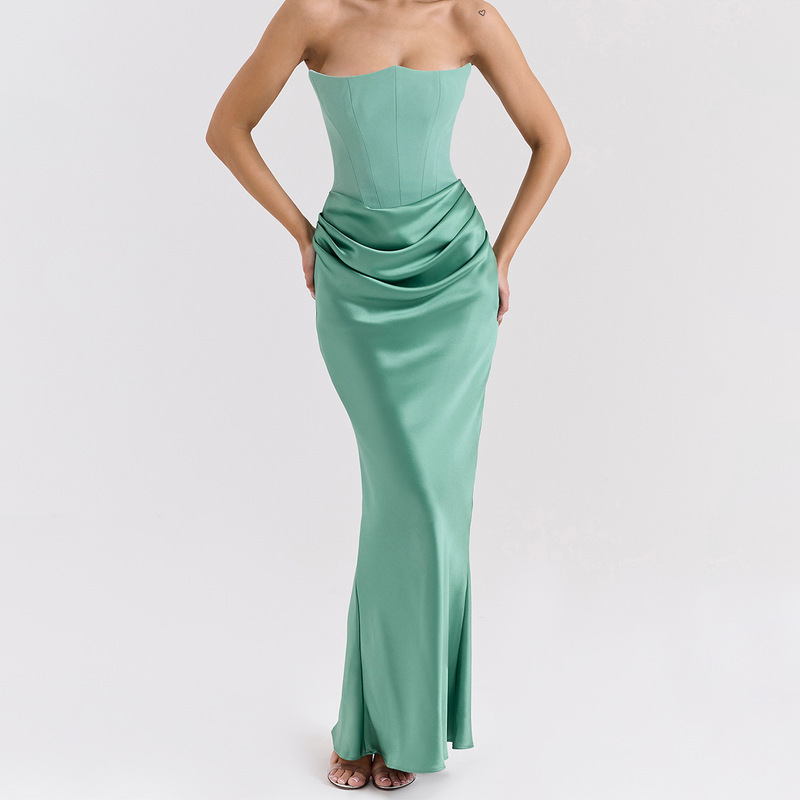 2026 European and American New Style Multi-Color Corset Tube Top Off-Shoulder Fishbone Pleated Long Bodycon Satin Dress 2026 European and American New Style Multi-Color Corset Tube Top Off-Shoulder Fishbone Pleated Long Bodycon Satin Dress