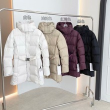 25新款女式腰带中长款连帽羽绒服收腰显瘦美腿羽绒外套大衣