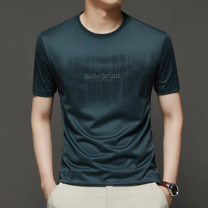 Summer Ice Silk Men's T-Shirt New Style Containing Mulberry Silk Round Neck Printing Trendyy Versatile Fashionable Men's Short-Sleeved T-Shirt