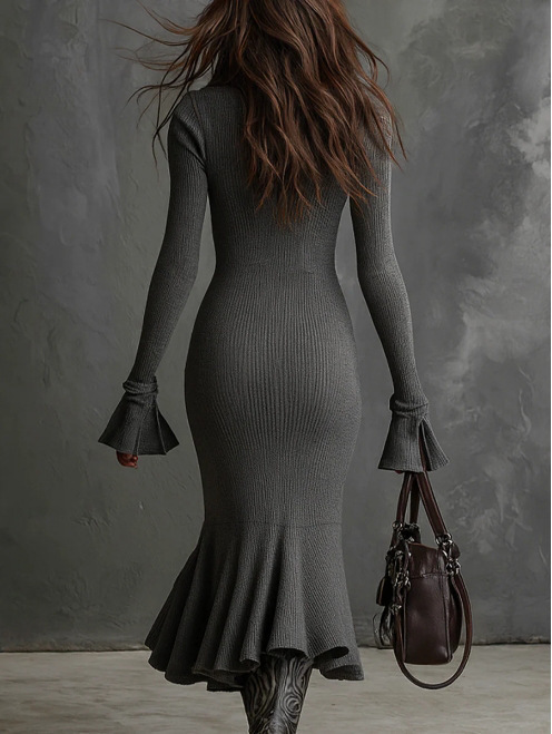 Autumn Fashion Elegant Zipper Collar Flared Sleeve Knitted Fishtail Skirt For Women American Style New 2026_ecoleips.com