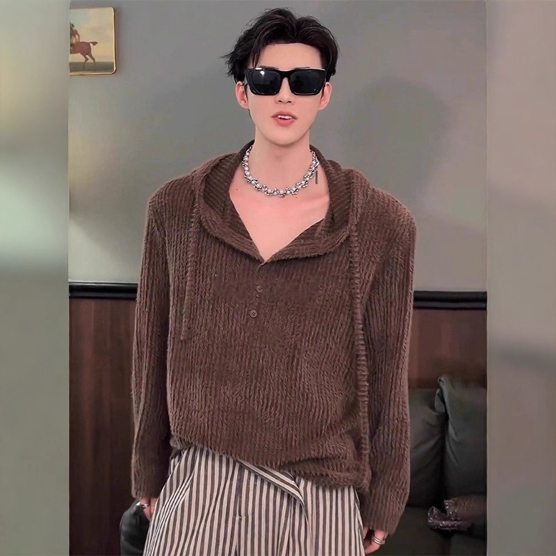 Maillard Brown Hooded Knitwear Men's Early Autumn Super Nice Single Top Lazy Style Loose Knitwear Jacket Maillard Brown Hooded Knitwear Men's Early Autumn Super Nice Single Top Lazy Style Loose Knitwear Jacket