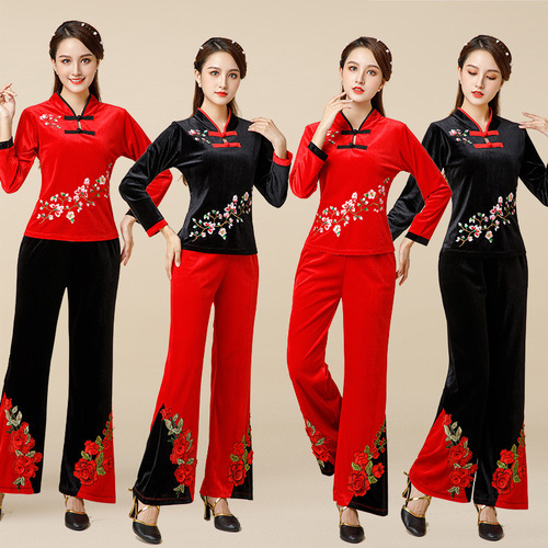Autumn and Winter Square Dance Costume with Embroidered Gold Velvet, Chinese Folk Style, Group Performance Set for Middle-Aged Adults