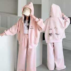 女孩春秋季纯色韩系宽松开衫衣服套装中大童春秋纯色连帽衫秋装潮