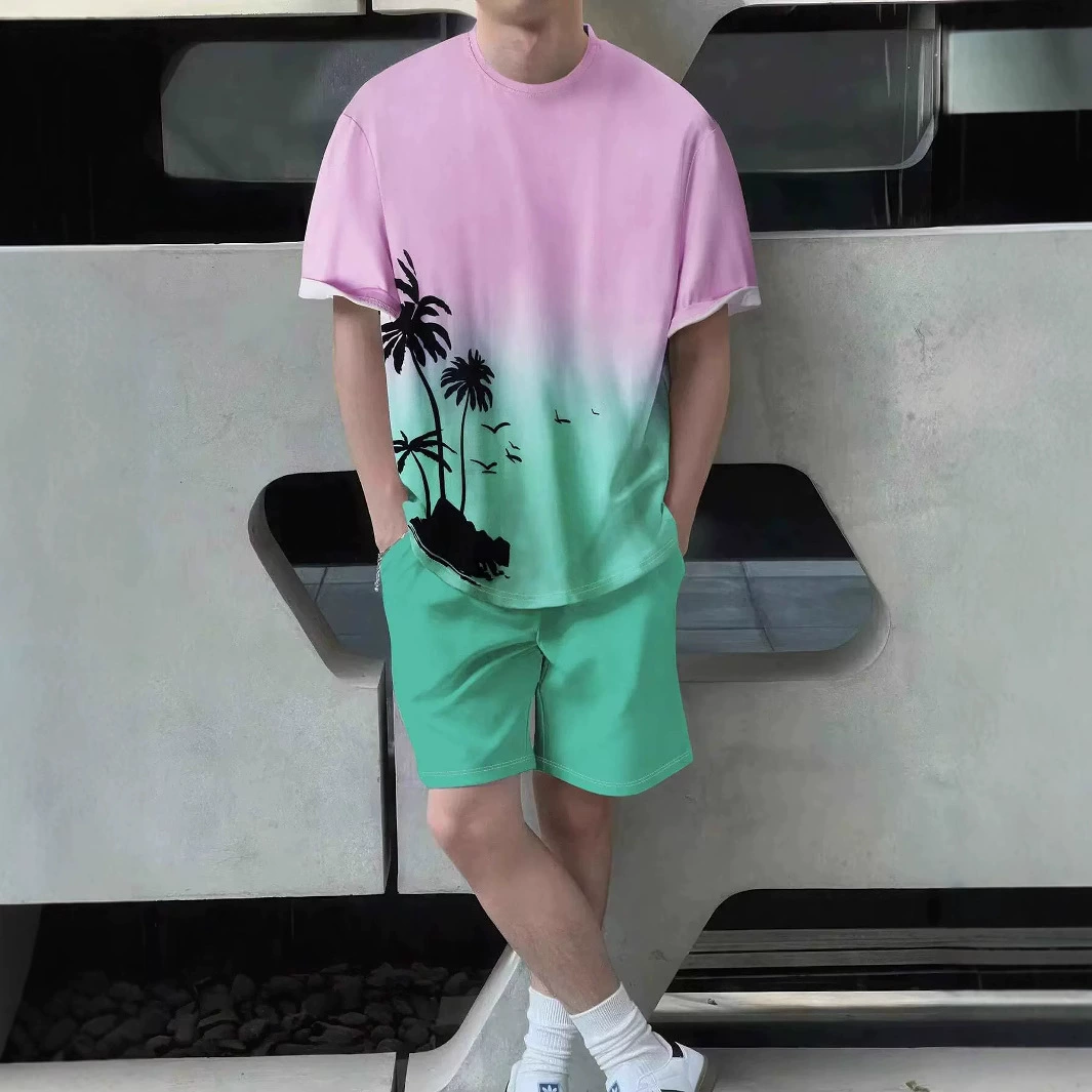 Летняя футболка с 3D цифровым принтом, шорты, костюм-двойка для мужчин, повседневный модный костюм с градиентным рисунком кокосовой пальмы