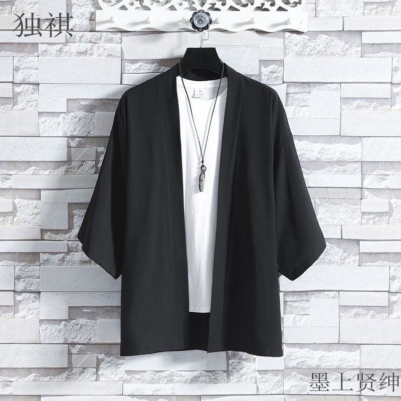 Men's short-sleeved loose-fitting cardigan shirt with three-quarter sleeves, Chinese style, kimono, Hanfu, Taoist robe, and outerwear for summer.