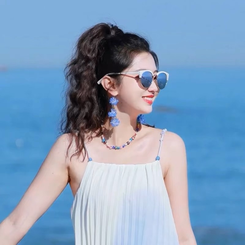 Cuentas azules largas aretes de flores con bordas exageradas joyas de orejas de vacaciones en la playa de mar pernos de orejas para mujeres sin agujeros de orejas image 1