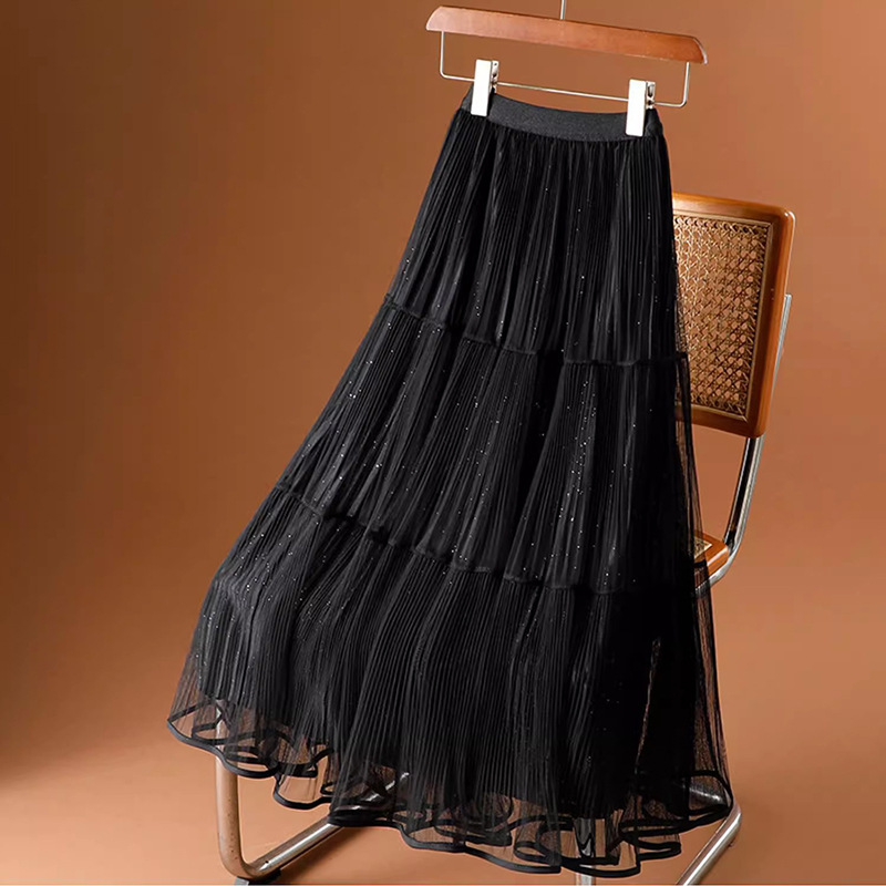 Spring and Summer New Sequined Glitter Mesh Skirt Women's Large Size Mid-Length A-Line Cake Skirt Fairy Pleated Gauze Skirt