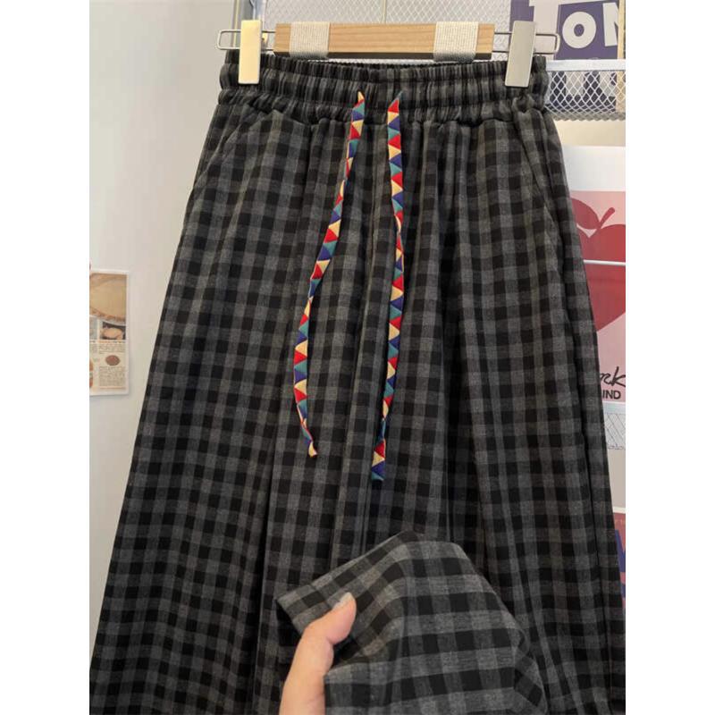 Spring and Autumn Retro Lazy Contrast Ribbon Black Grey Small Plaid Loose Straight Casual Pants Men's INS Fashionable Wide Leg Pants