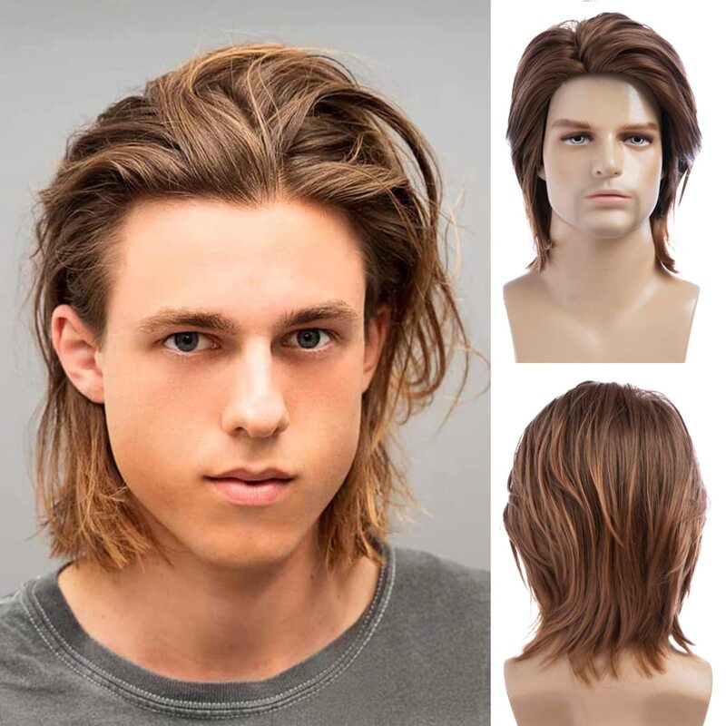 Cross-border wig European and American men's brown fashion long hair chemical fiber headgear multi-level wig manufacturers wholesale