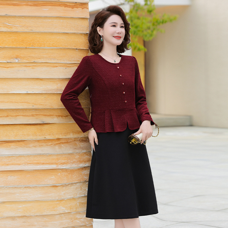 妈妈秋装假两件连衣裙洋气高贵中老年女春秋中长款小香风长袖裙子|undefined
