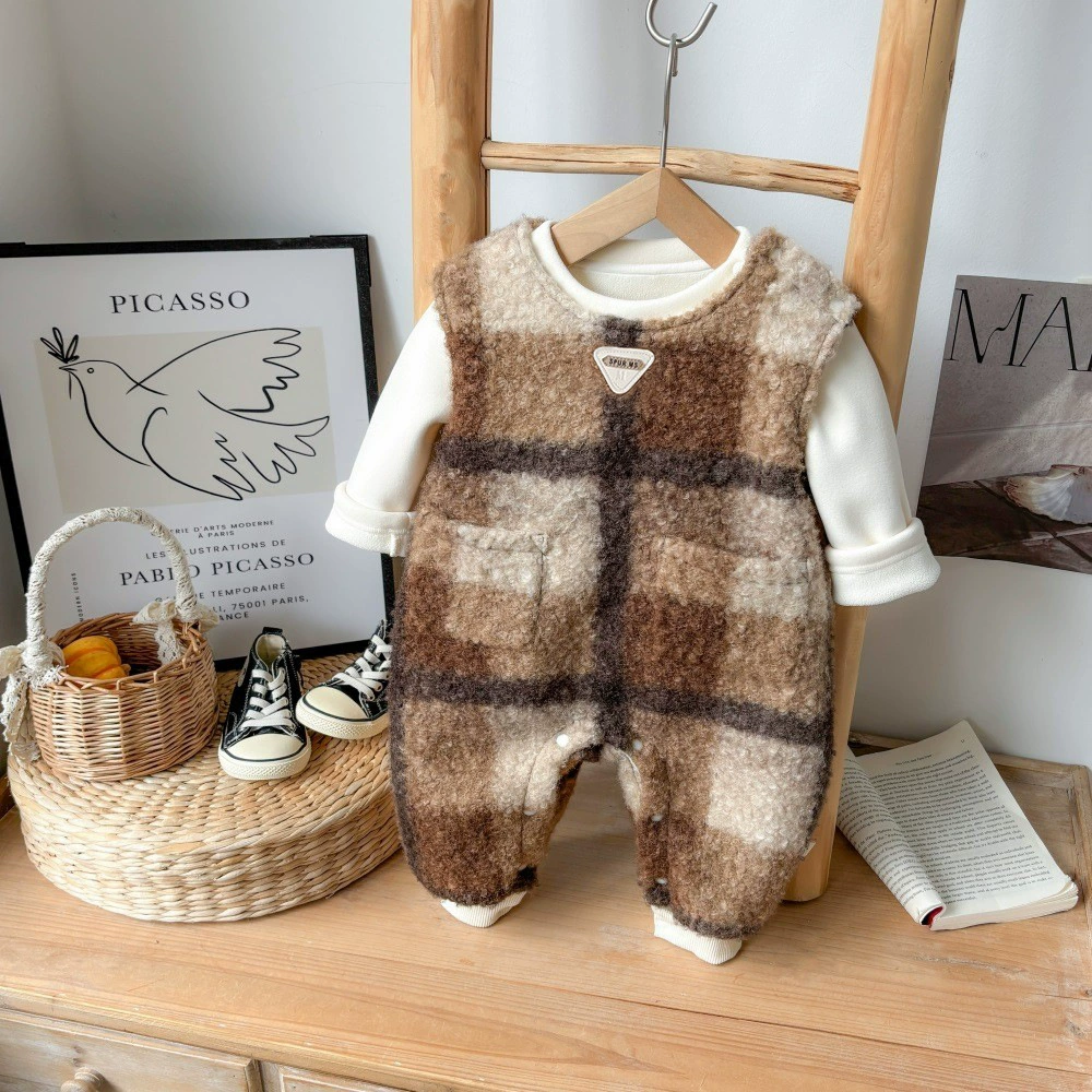 Комплект детской одежды на осень-зиму 2025: флисовый ромпер в корейском стиле с ретро-пледом, двухкомпонентный комплект для малышей, комбинезон для ранней зимы