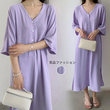 现货实拍  跨境出口日本乐天ins亚马逊外贸中长款棉麻v领连衣裙