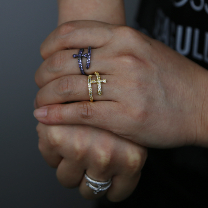 Hip-Hop Cross Rhombus Copper Inlay Zircon Open Ring 1 Piece