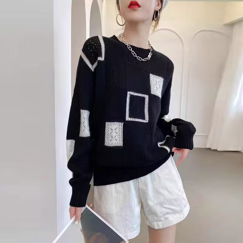 Cross-Border Black and White Checkered Knit Sweater, Autumn and Winter Korean Style, Slimming, Casual, Loose, Versatile, Hollow-Out Long Sleeves Cross-Border Black and White Checkered Knit Sweater, Autumn and Winter Korean Style, Slimming, Casual, Loose, Versatile, Hollow-Out Long Sleeves