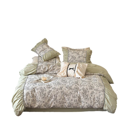 French pleated lace 120-count long-staple cotton brushed four-piece set with fresh printing thickened warm quilt cover sheets