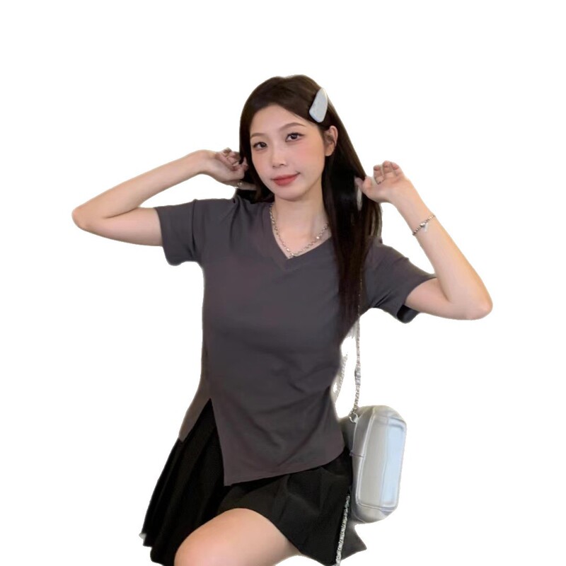 不規則なVネック、お腹を隠すスリット入り、右肩が見える半袖Tシャツ、ぽっちゃりさん向け、着痩せ効果のある半袖トップス、2025年新作|undefined