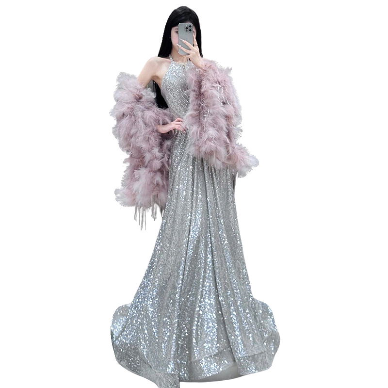 2026 nuevo estilo ligero lujoso pluma rosa chaleco vestido de fiesta de sequillas