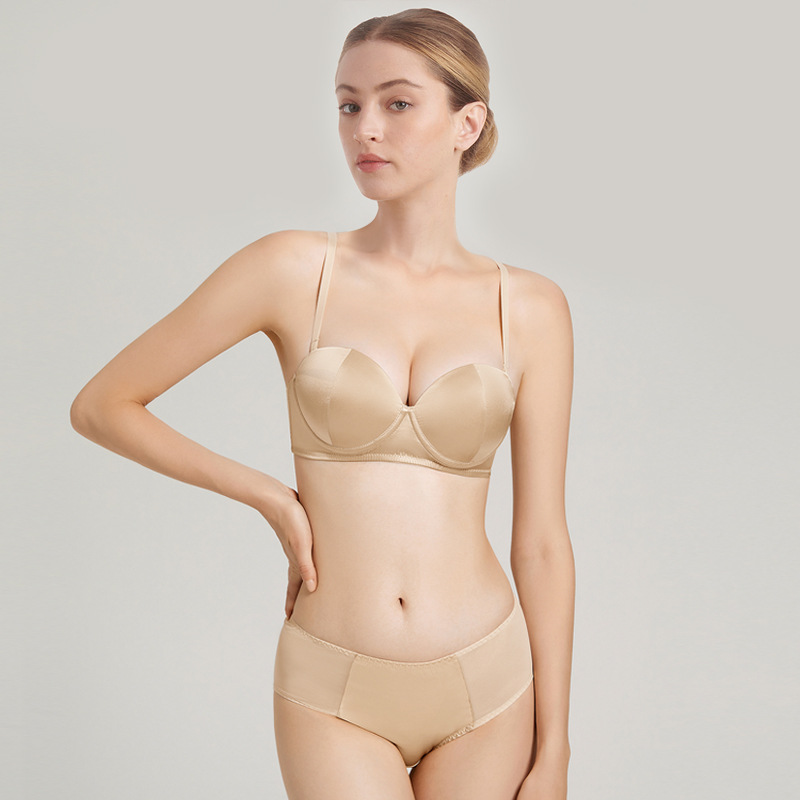 19姆米素縐緞桑蠶絲真絲文胸內褲三角褲底褲 性感半杯內衣胸罩女