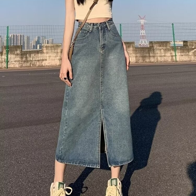 High-Waisted Slit Denim Skirt for Women, 2026 New Early Spring A-Line Skirt, Hip-Hugging Skirt, Petite Pear-Shaped Long Skirt