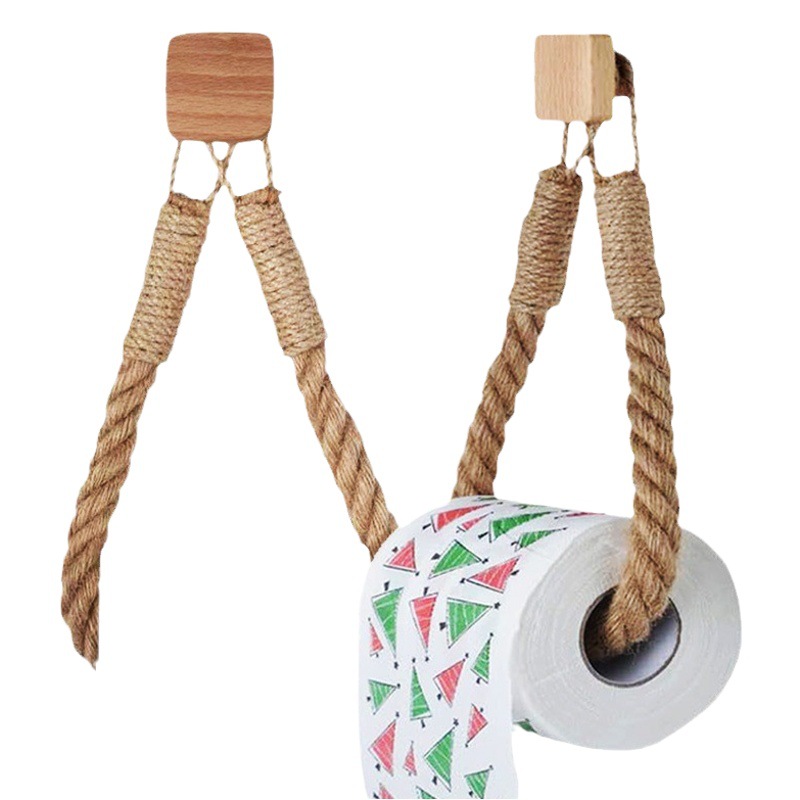 Titular de tejido de cuerda de cáñamo cuerda de algodón de madera maciza Toalla de almacenamiento tejida cara toallero creativo libre rollo de papel titular