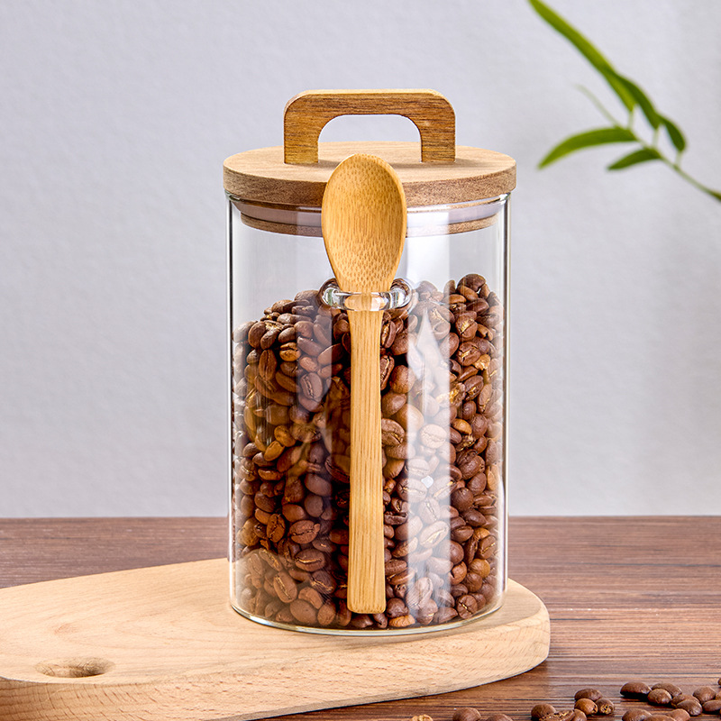 Granos de café con cucharas, frasco de vidrio sellado, tanque de almacenamiento de café en polvo, lata de té, caja de almacenamiento de granos