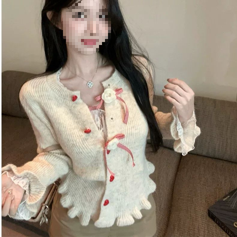 法式甜美蝴蝶结边毛衣开衫女秋冬季新款外穿洋气减龄百搭上衣