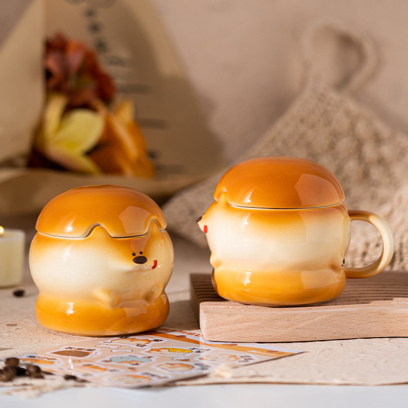 Taza de cerámica de perro hamburguesa de dibujos animados huevos de perro de madera muñeca taza de agua taza de té taza de café de leche taza de desayuno taza