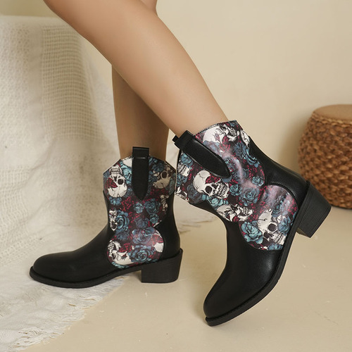 24 Autumn/Winter European and American Style Rough Heel Lady's High-Cut Boots with Round Toe Color Block Fashion Boots with Medium Heel PU Slip-On Boots