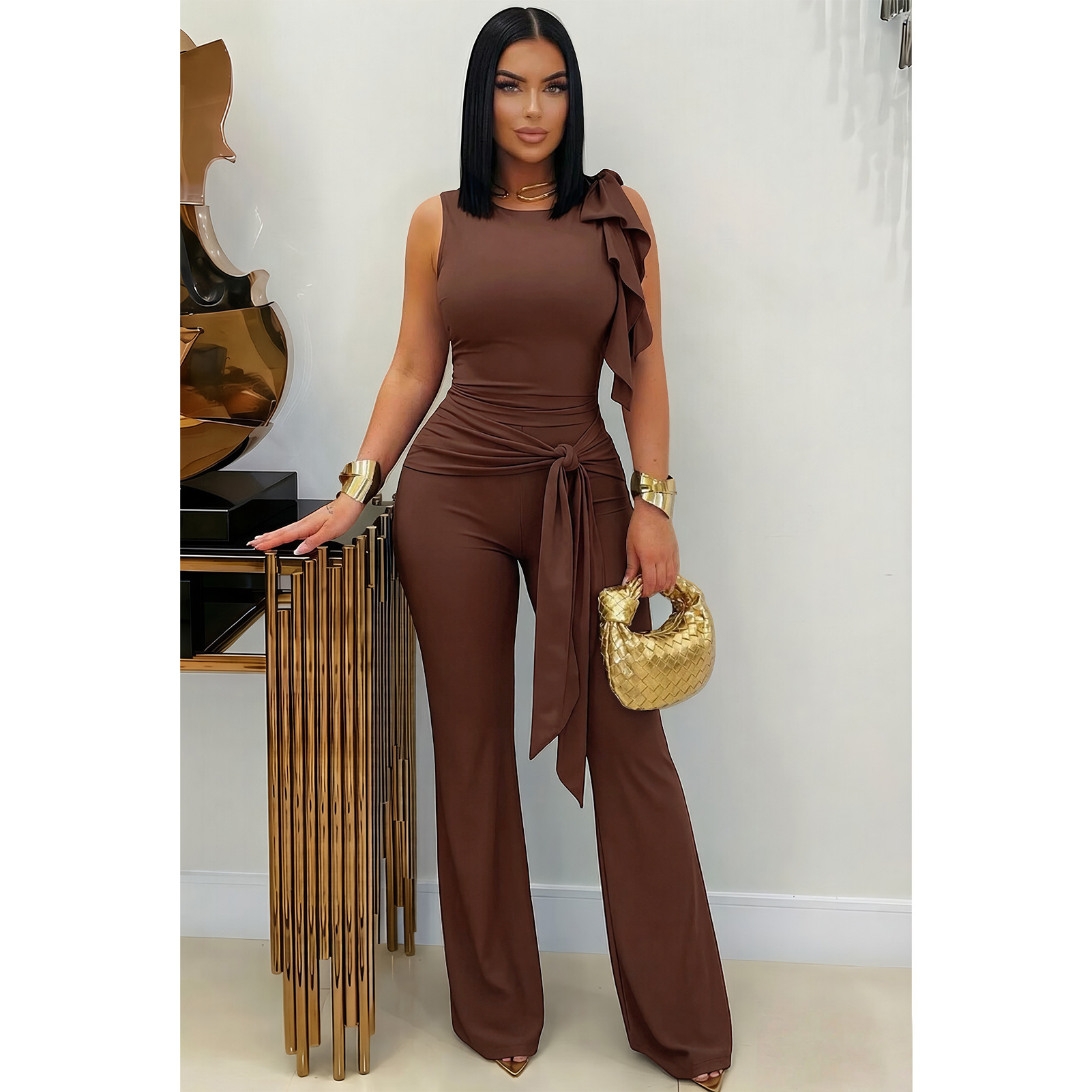 Women's Solid Colour Ruffled Slim Fit Flared Trouser Set Casual_voghion.com