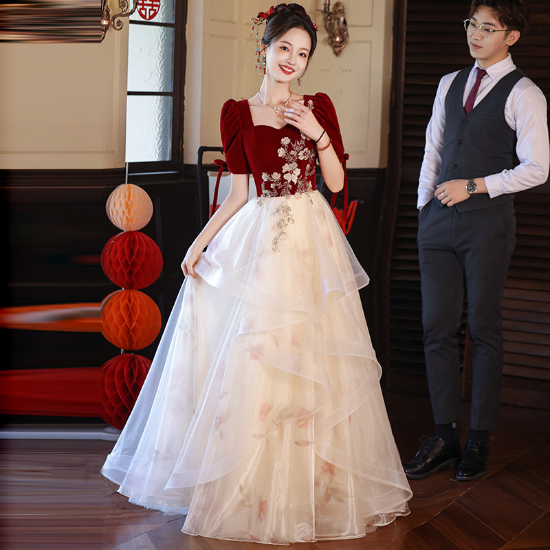 Plus-Size Toast Dress for Bride 2026 New Style Burgundy Tulle Dress for Wedding Banquet, Engagement, and New Marriage Ceremony Long Dress