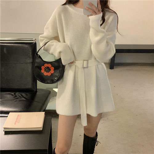 Japanese-style lazy wind-long women's sweater 2025 autumn/winter new round neck loose belt knitted sweater women's coat
