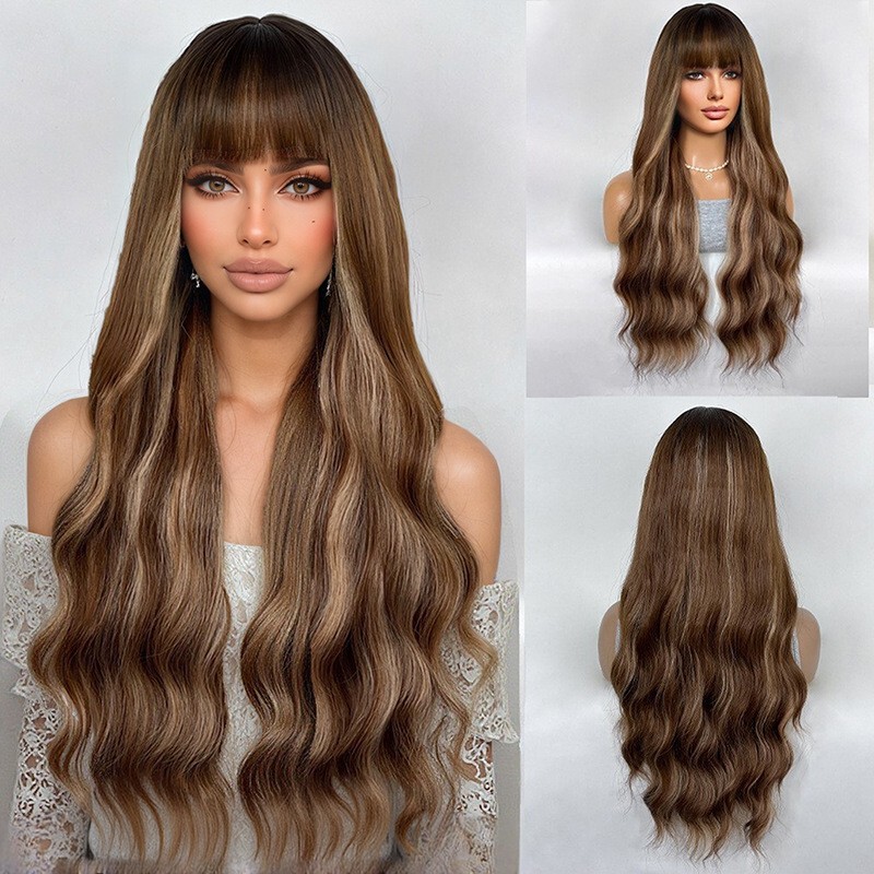 Cross-border Amazon gradient ribbon bangs long hair long wave roll women's fiber heat-resistant synthetic wig headgear
