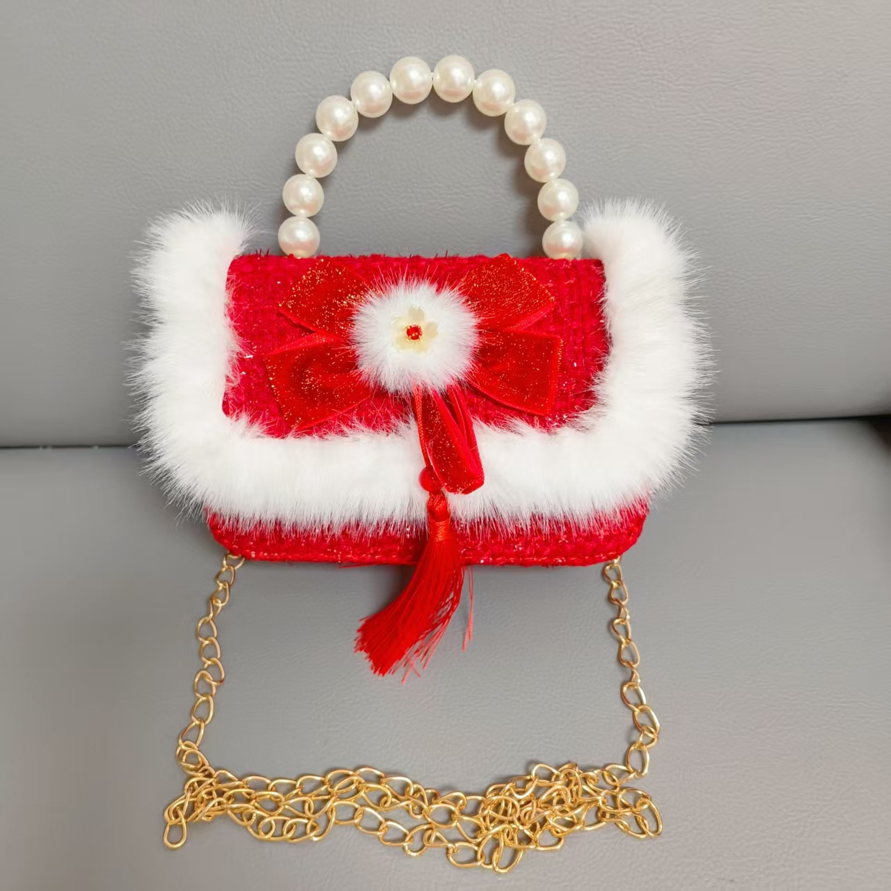 Gran bolso portátil de perla roja, cadena de arco, bolso cuadrado, bolso de Año Nuevo para chicas, bolso de Año Nuevo, viento fragante