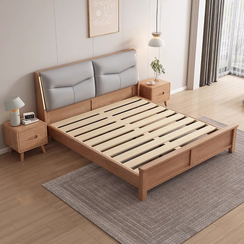 Cama de madera maciza moderna y simple, 1.8m cama doble, 1.5m lámpara nocturna inteligente, muebles de almacenamiento nórdicos suaves