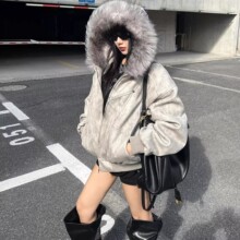 美式座山雕扎染纯色毛毛连帽高级感拉链男女棉服加厚宽松保暖外套