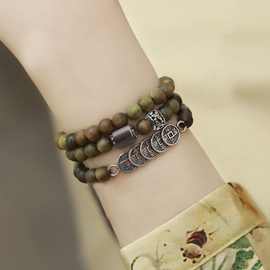 天然绿檀木国风手串女款文玩木质多圈复古新中式铜钱手链古风高档